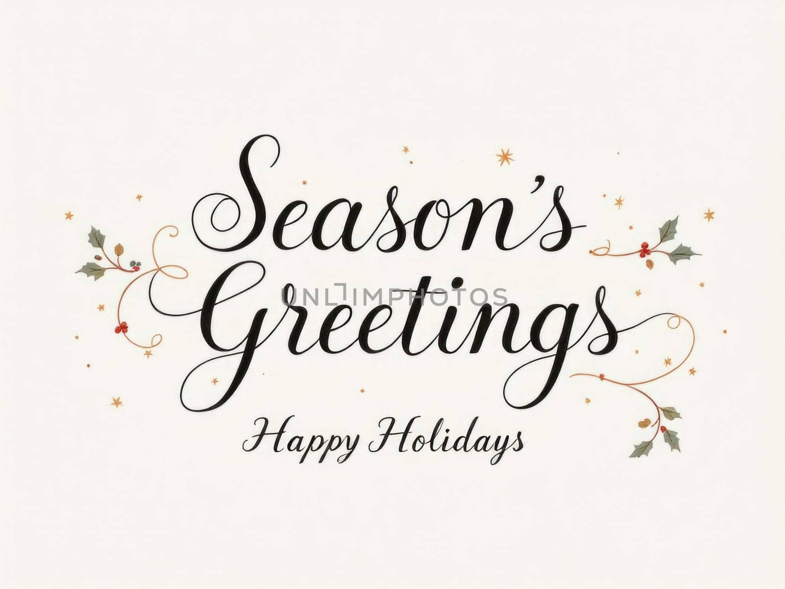 Festive lettering for christmas and new year greeting cards featuring holly berries and golden stars