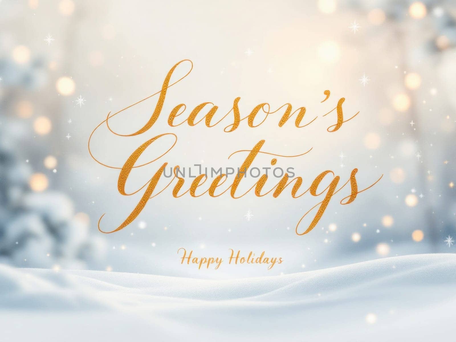 Elegant season's greetings gold text over a beautiful snowy winter wonderland background with bokeh lights, perfect for a christmas card