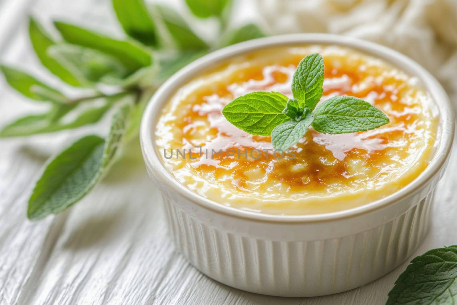 Creamy creme brulee with caramelized sugar crust, garnished with fresh mint, served in a white ramekin on a wooden table