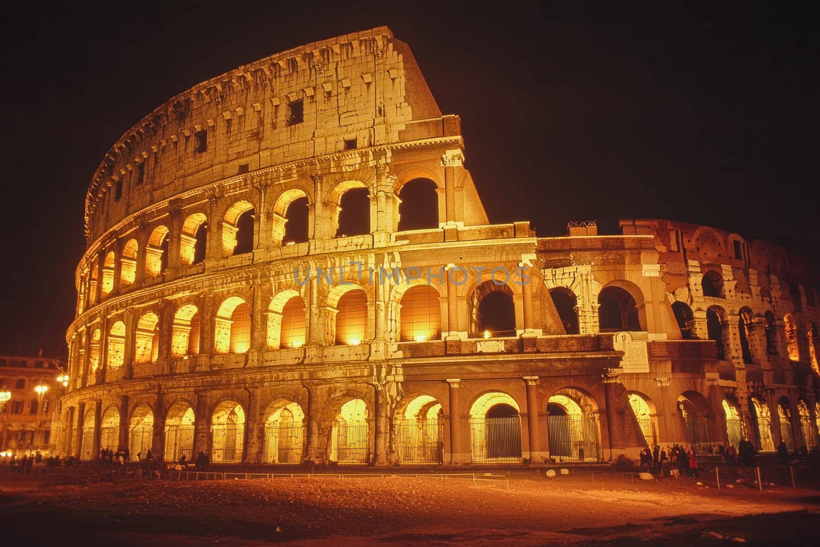 The colosseum in rome, italy, stands majestically illuminated at night, showcasing its ancient architecture