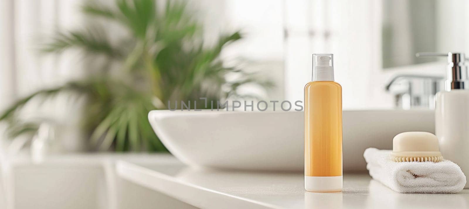 Dispenser bottle, soap bar and towel resting on sink countertop in modern bathroom