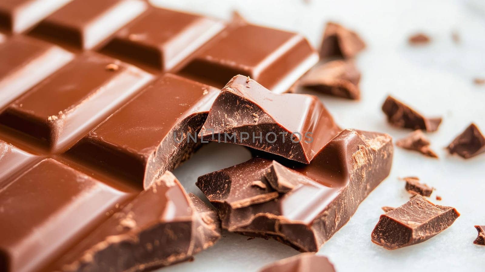 Pieces of a milk chocolate bar are laying on a white marble surface