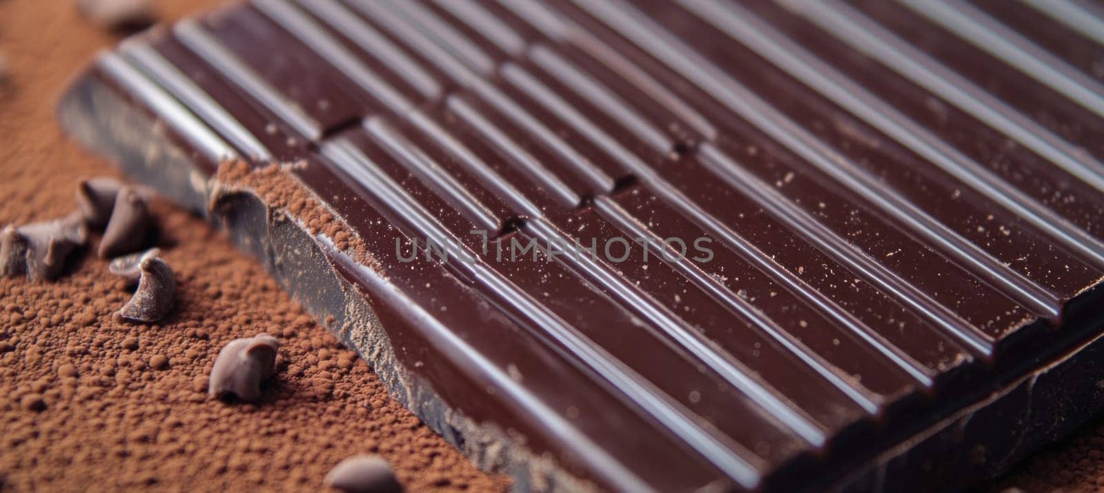 Close up of a dark chocolate bar lying on cocoa powder, creating a tempting image of indulgence