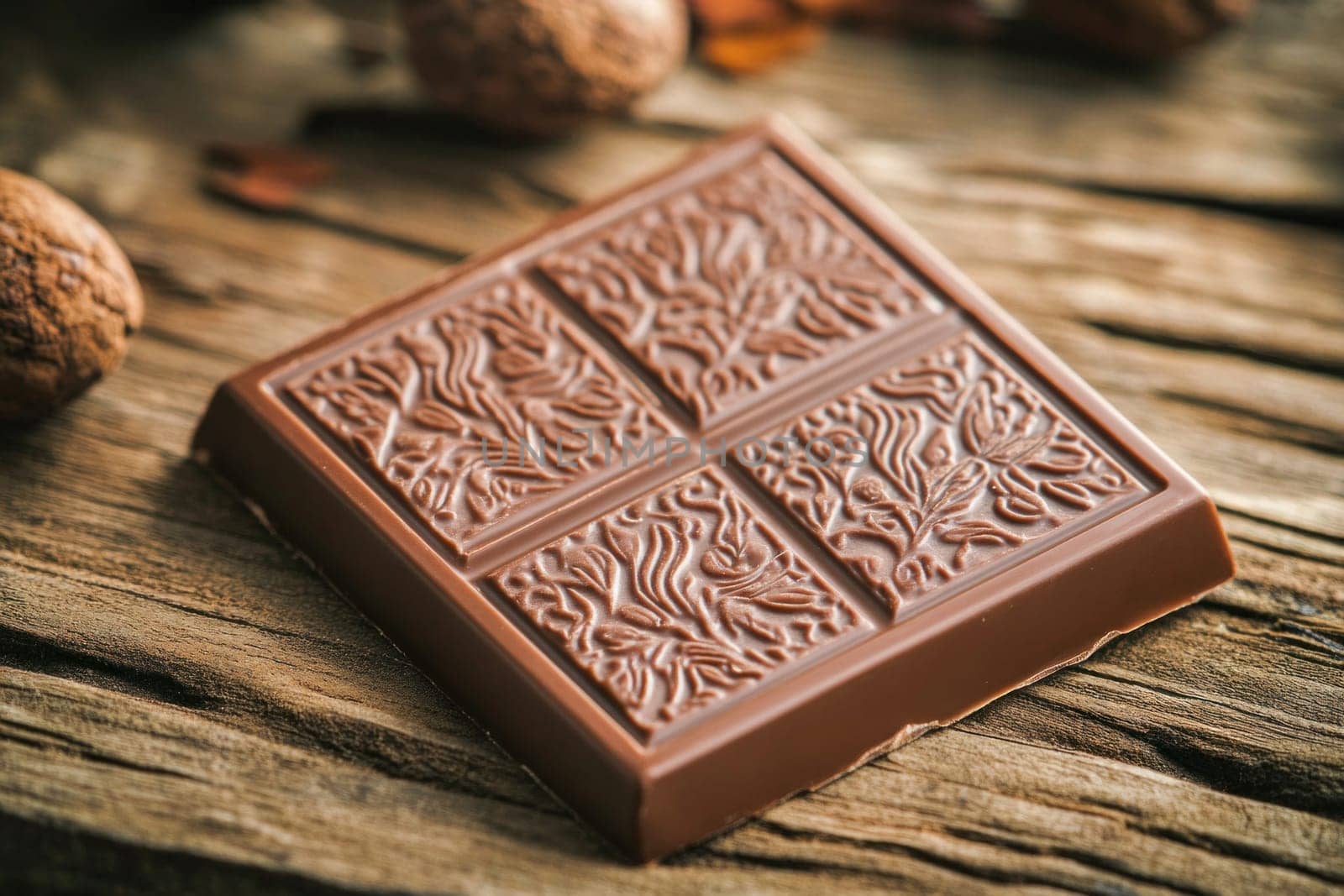 Gourmet chocolate bar with an elegant floral design, placed on a rustic wooden surface, exuding luxury and indulgence