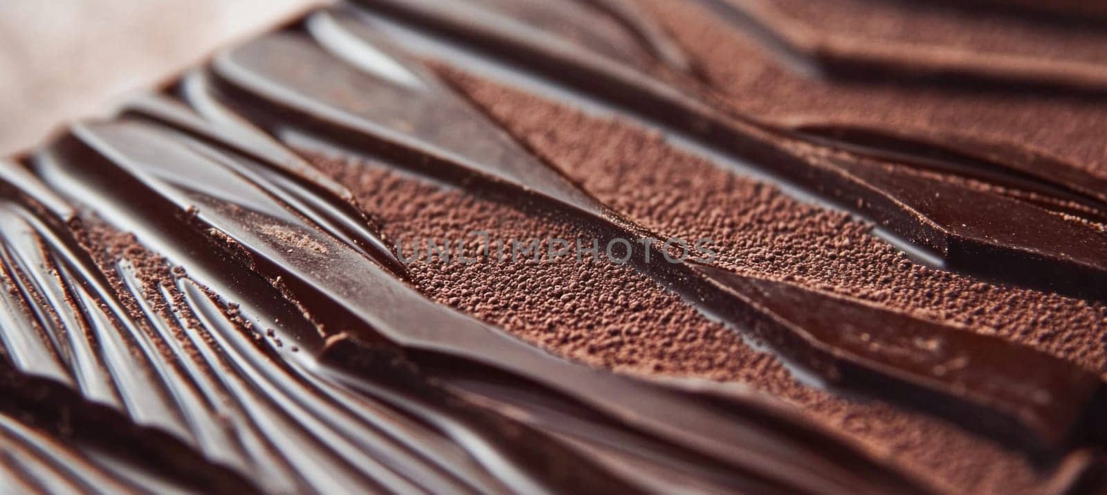 Close up of a gourmet chocolate bar, displaying a mesmerizing wavy pattern and rich cocoa powder dusting