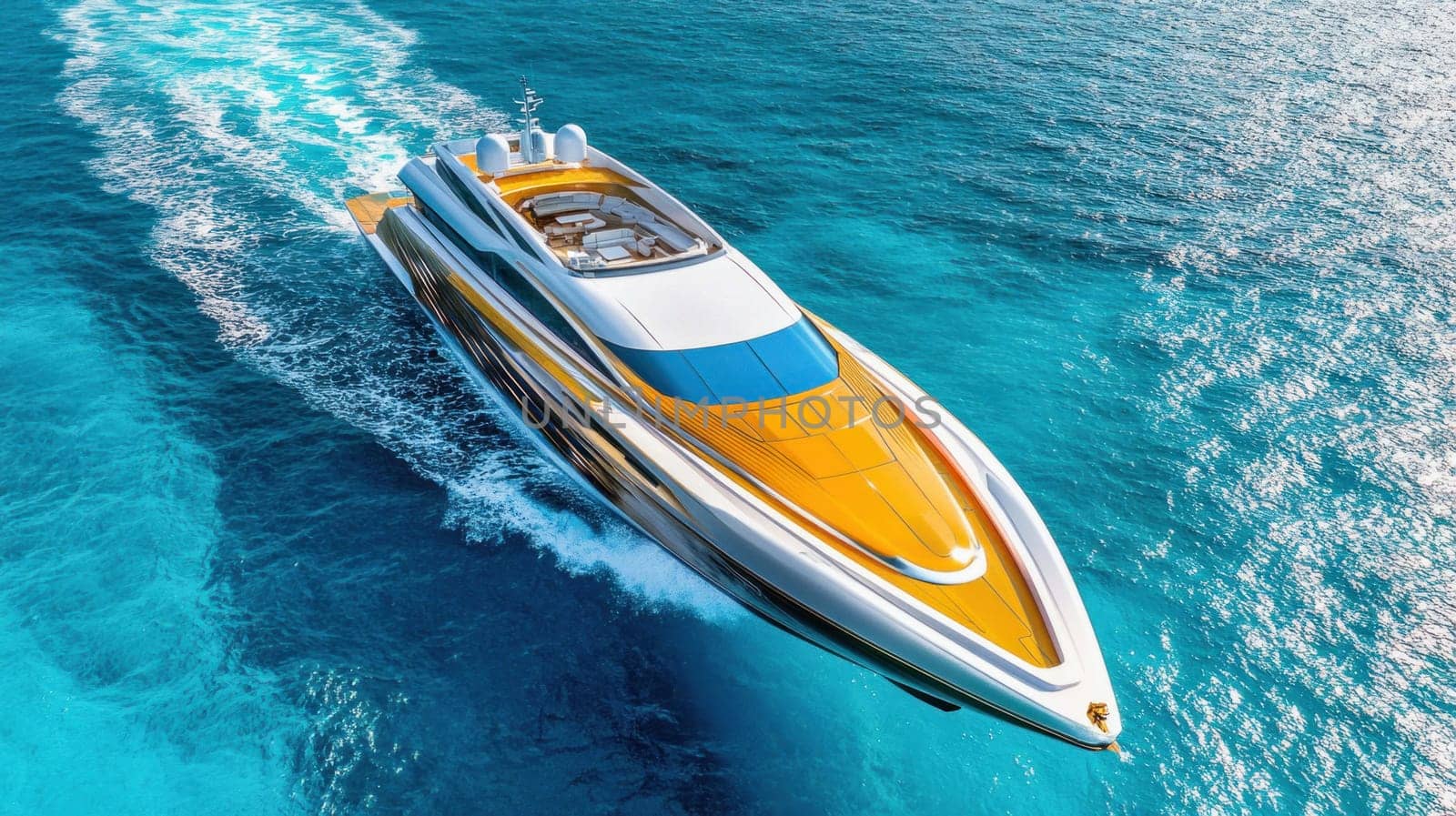 Large, luxurious yacht cruising on turquoise ocean water, leaving a white wake behind