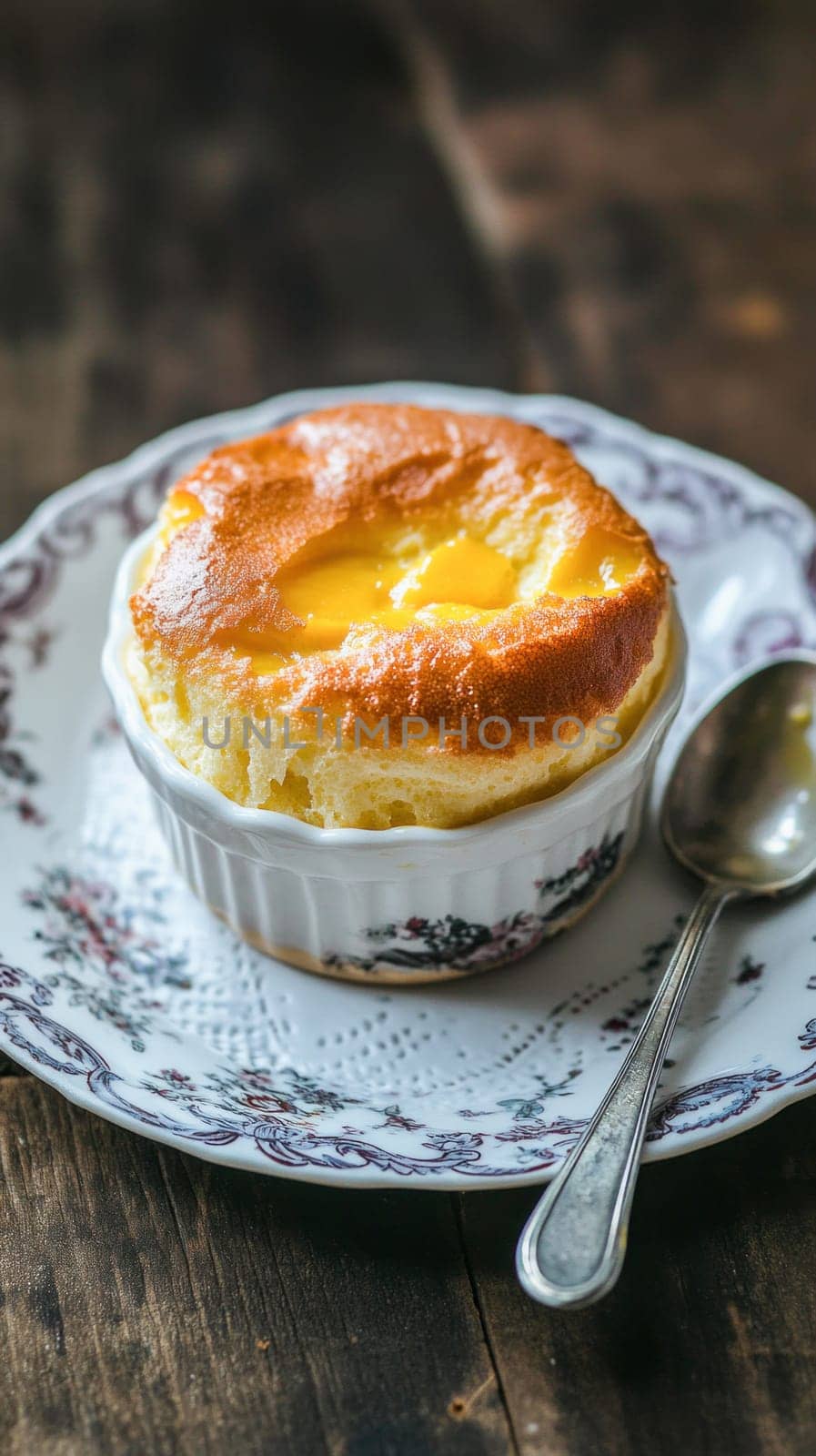 Lemon souffle is served on a vintage plate, creating an elegant and appetizing presentation