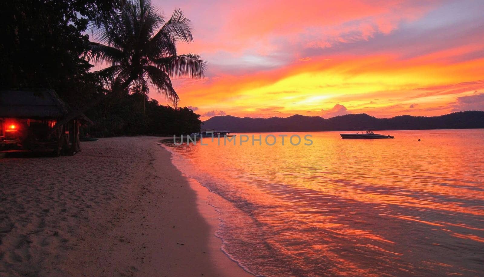 Vibrant sunset over a tropical beach with calm water, palm trees, boats, and a beach hut