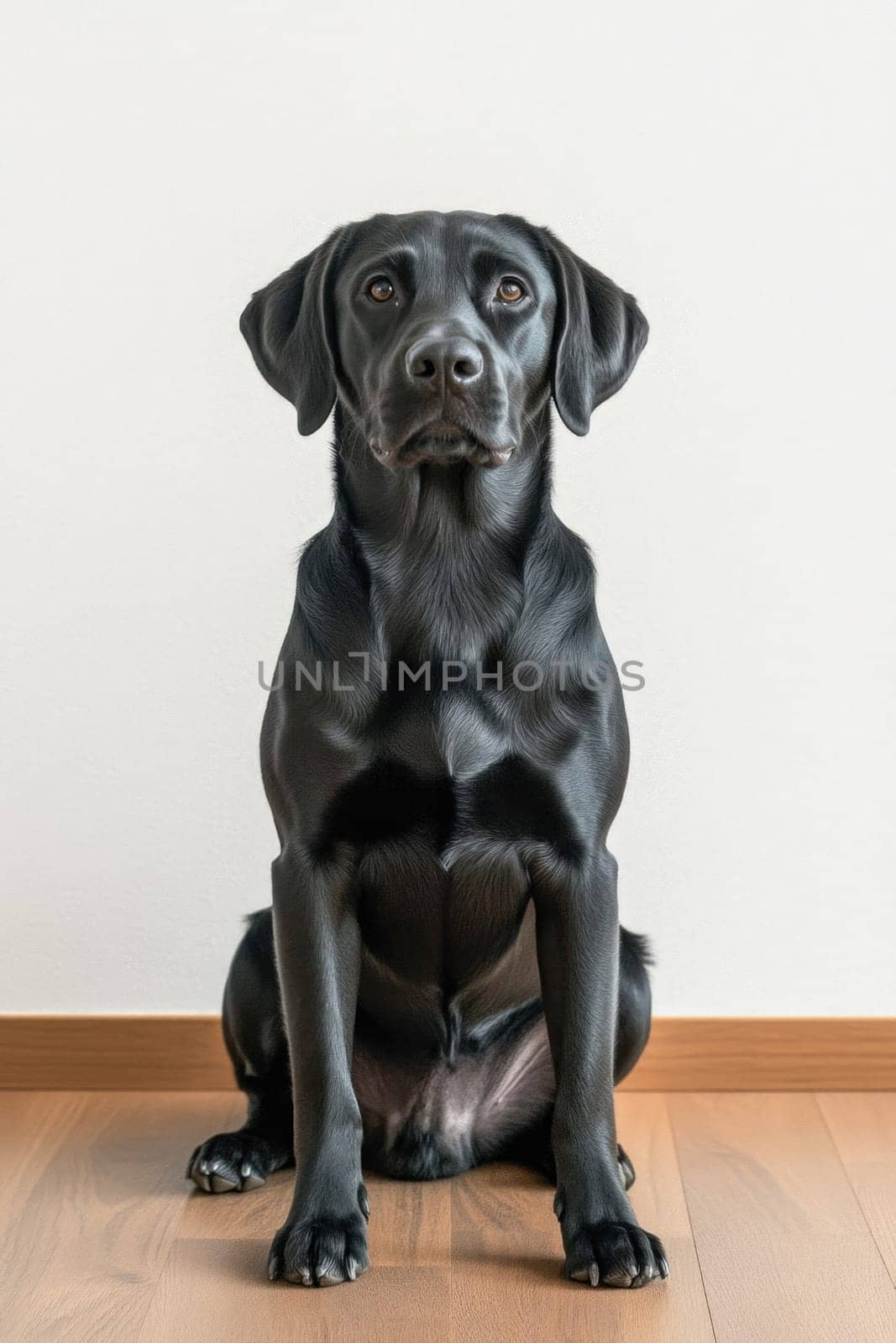 Studio portrait of a beautiful black labrador retriever sitting obediently on a hardwood floor against a simple white wall