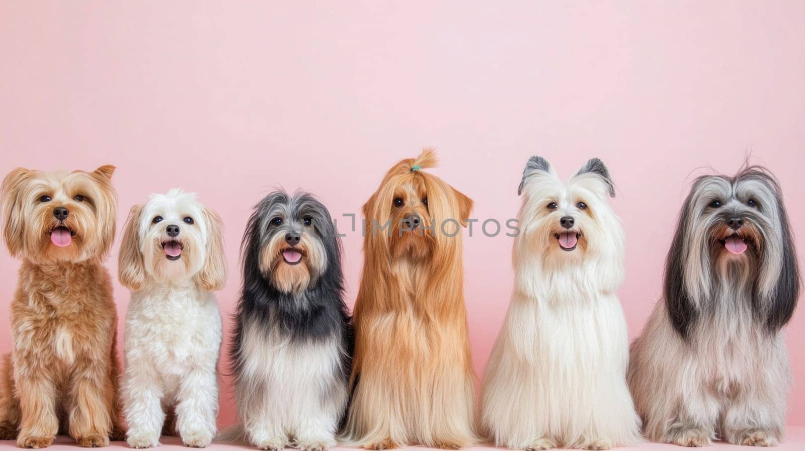 Six cute dogs sitting and posing on a pink background