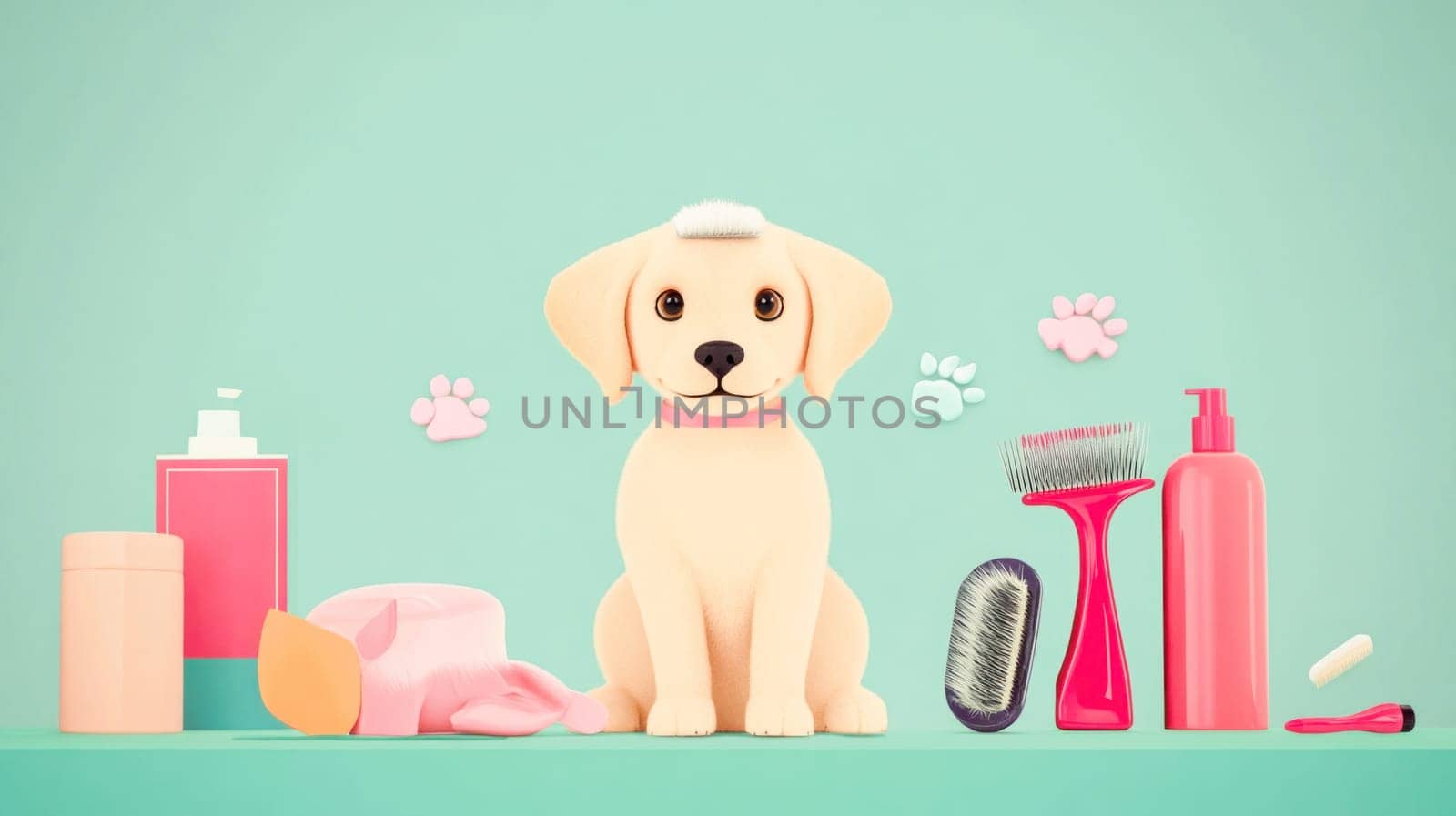 Adorable puppy sitting amidst grooming supplies, showcasing pet care and pampering