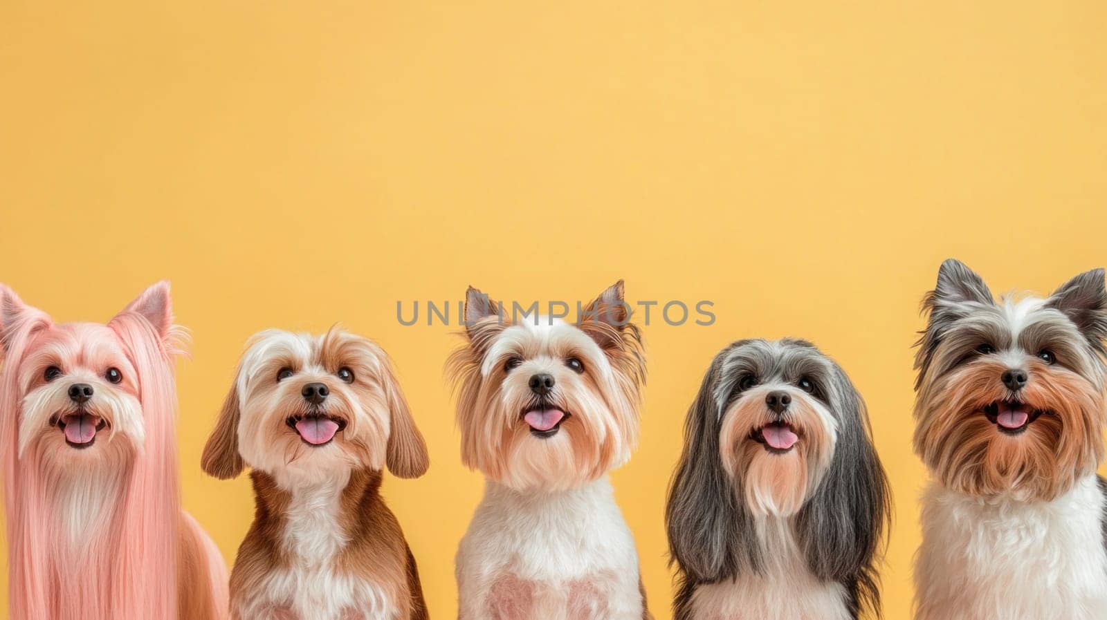 Five small dogs with different hairstyles panting and smiling on a yellow background