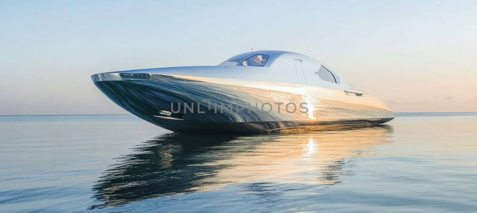 Silver motorboat reflecting golden sunrise on calm sea creating a luxurious and futuristic atmosphere