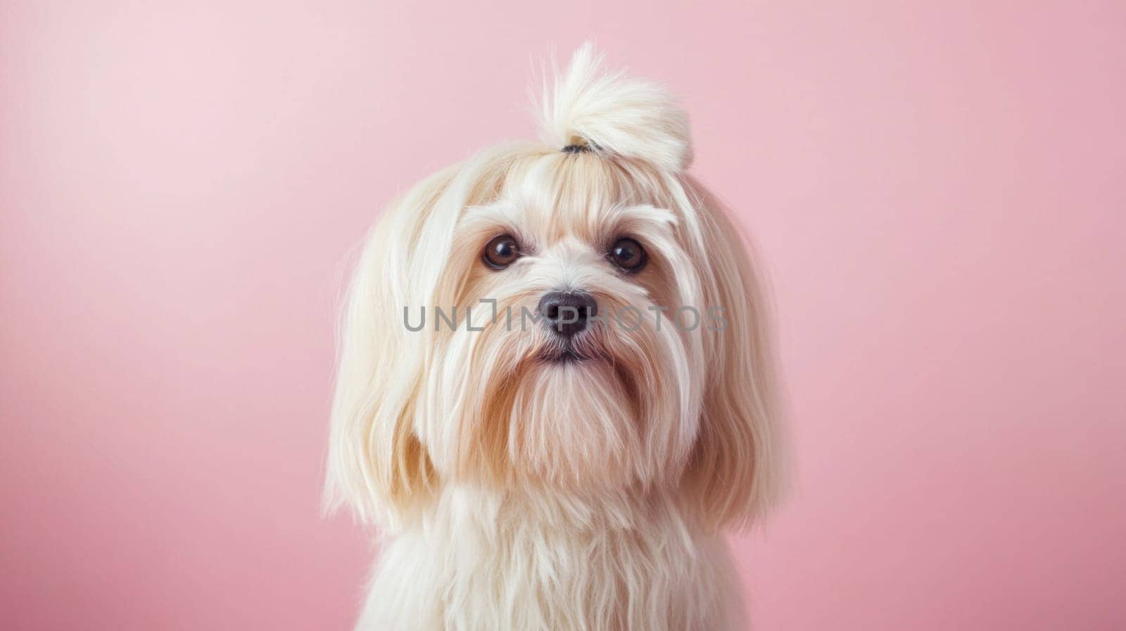 Cute white dog with hair tied up looking forward on a pink background