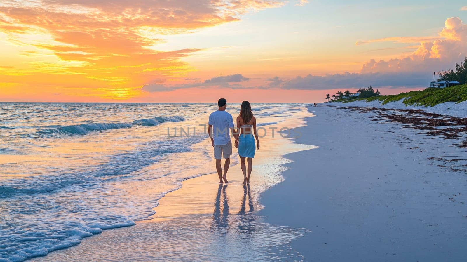 Romantic couple enjoying a walk on the beach at sunset, holding hands and creating a beautiful silhouette against the colorful sky