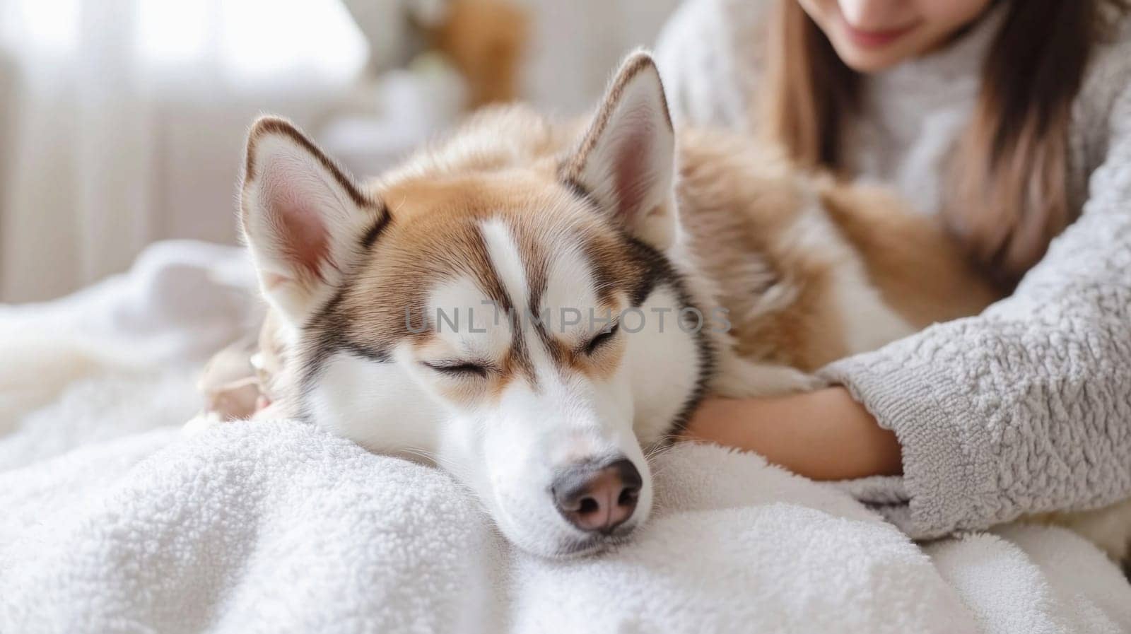Siberian husky puppy sleeping on a white blanket while its owner pets it