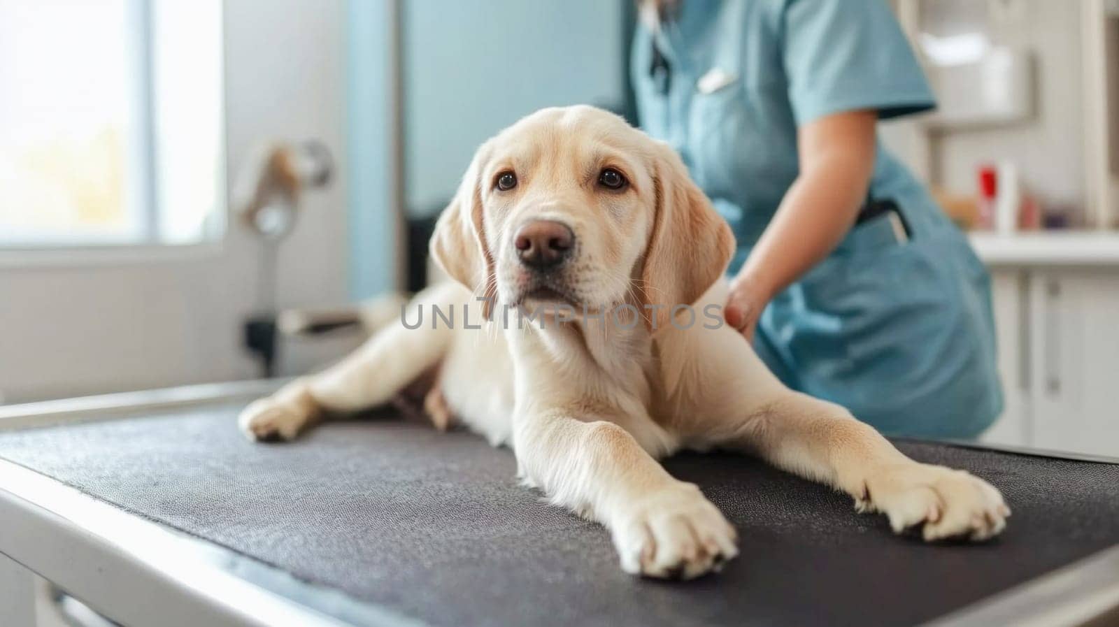 Labrador retriever puppy lying on examination table while veterinarian examining it