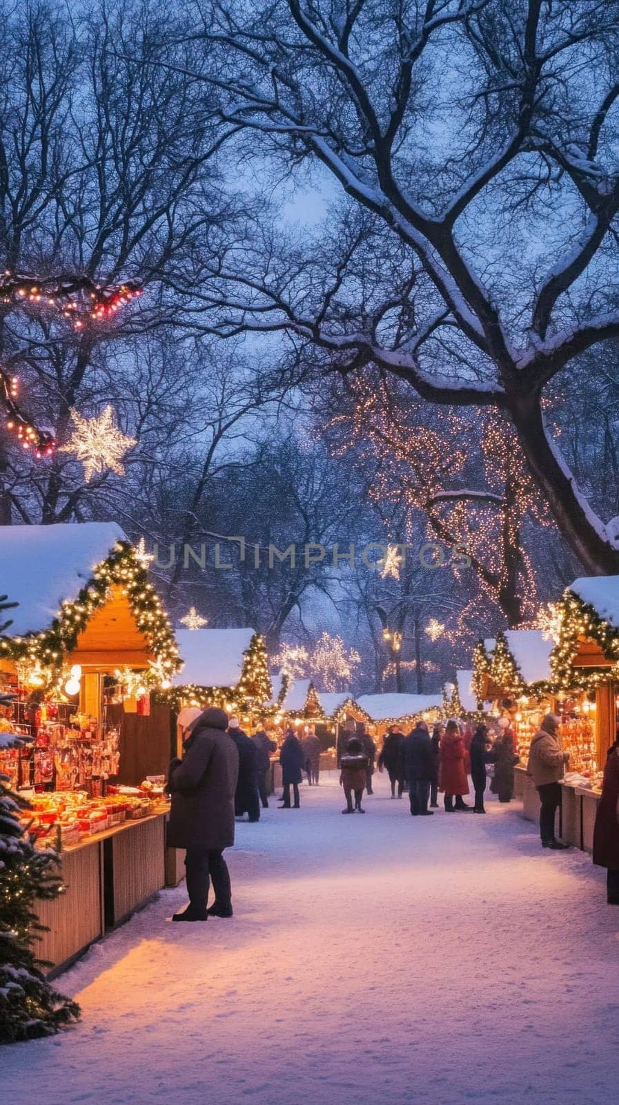 Shoppers browsing illuminated christmas market stalls in snowy city park at dusk