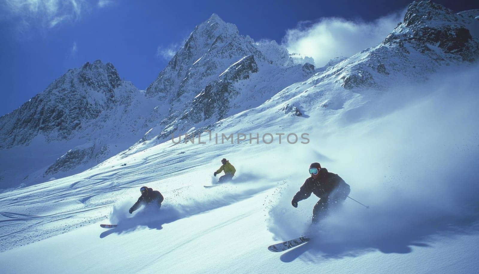 Three skiers enjoying a fast descent on a snowy mountain slope on a beautiful sunny day