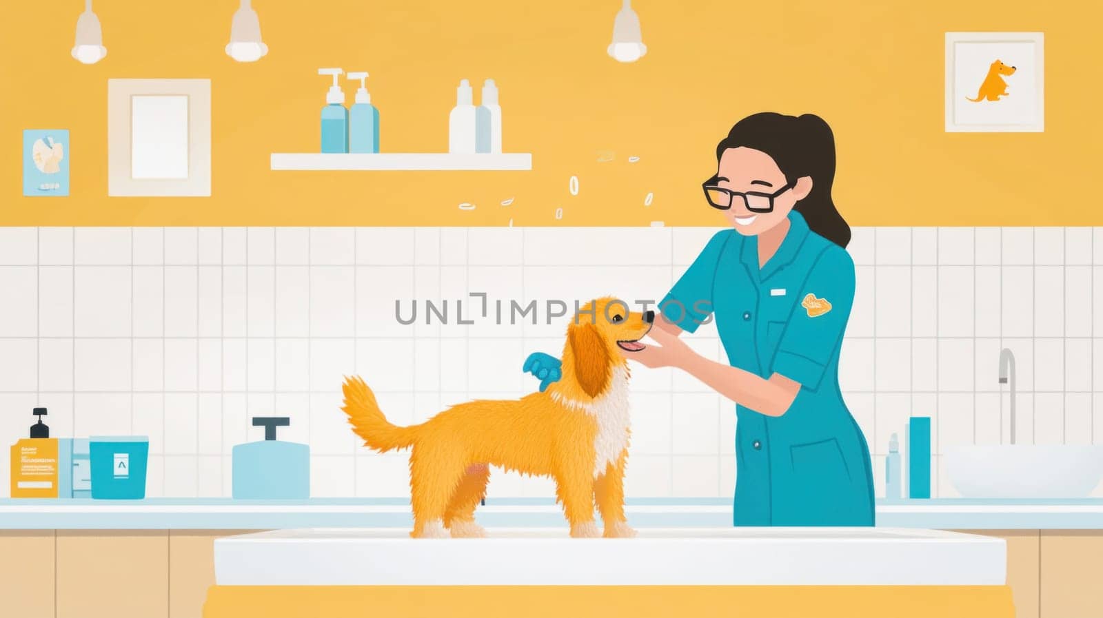 Veterinarian washing a cute dog in a veterinary clinic