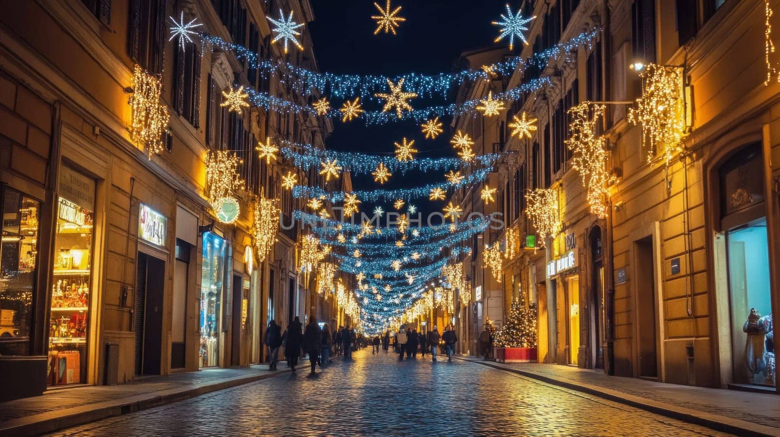 Christmas lights creating a magical atmosphere in a narrow street in rome, italy