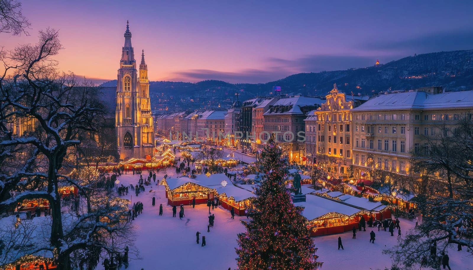 Christmas market glowing at twilight in snowy vorosmarty square, budapest, hungary