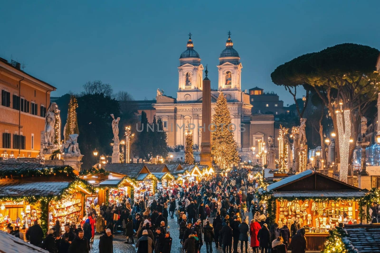 Crowds enjoying illuminated christmas market in piazza navona, rome, with the church of sant'agnese in agone in the background at twilight