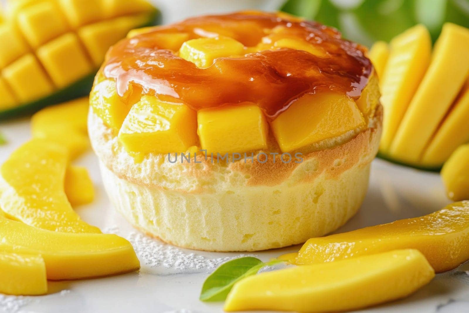 Freshly baked mango mousse cake decorated with mango slices and mango sauce, embodying a delightful tropical flavor