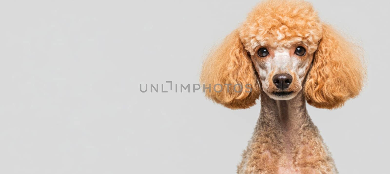 Studio portrait of cute toy poodle dog posing on gray background