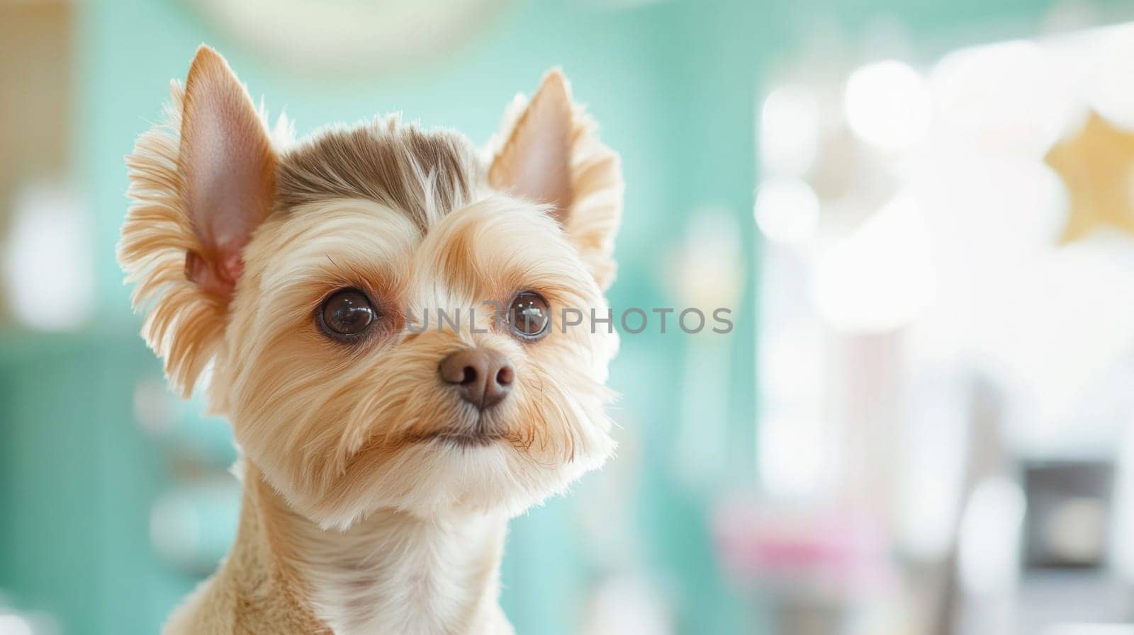 Close up portrait of an adorable yorkshire terrier with a stylish haircut, posing in a bright, colorful grooming salon