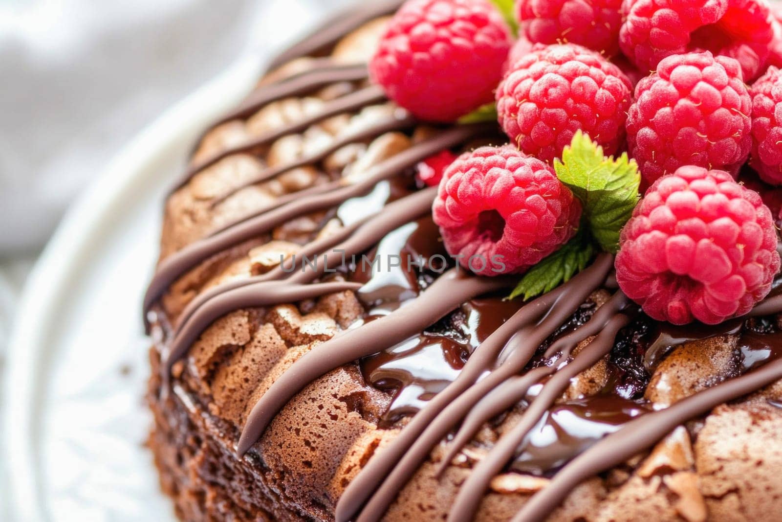 Round chocolate cake decorated with melted chocolate and fresh raspberries, creating a tempting dessert