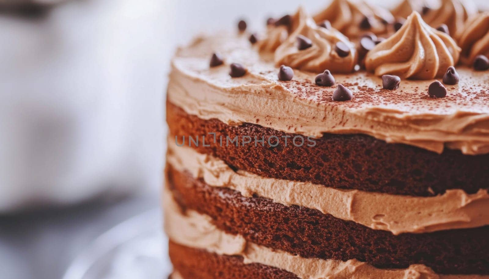 Tasty layered chocolate cake with chocolate chips and frosting is waiting for the party