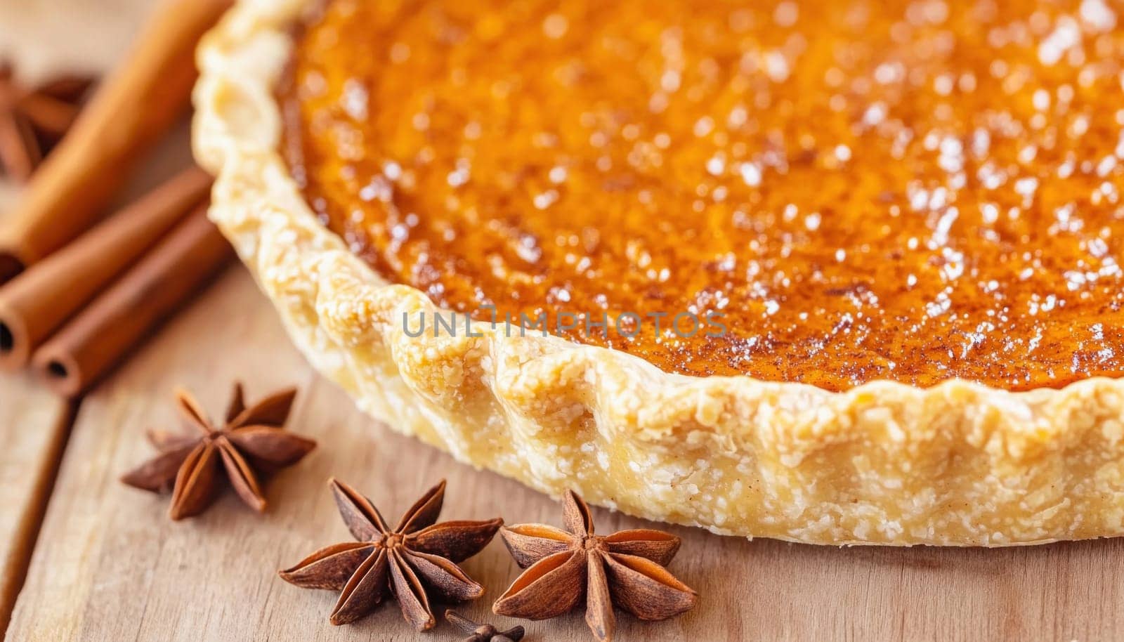 Freshly baked pumpkin pie with cinnamon sticks and star anise, creating a warm and inviting autumnal scene