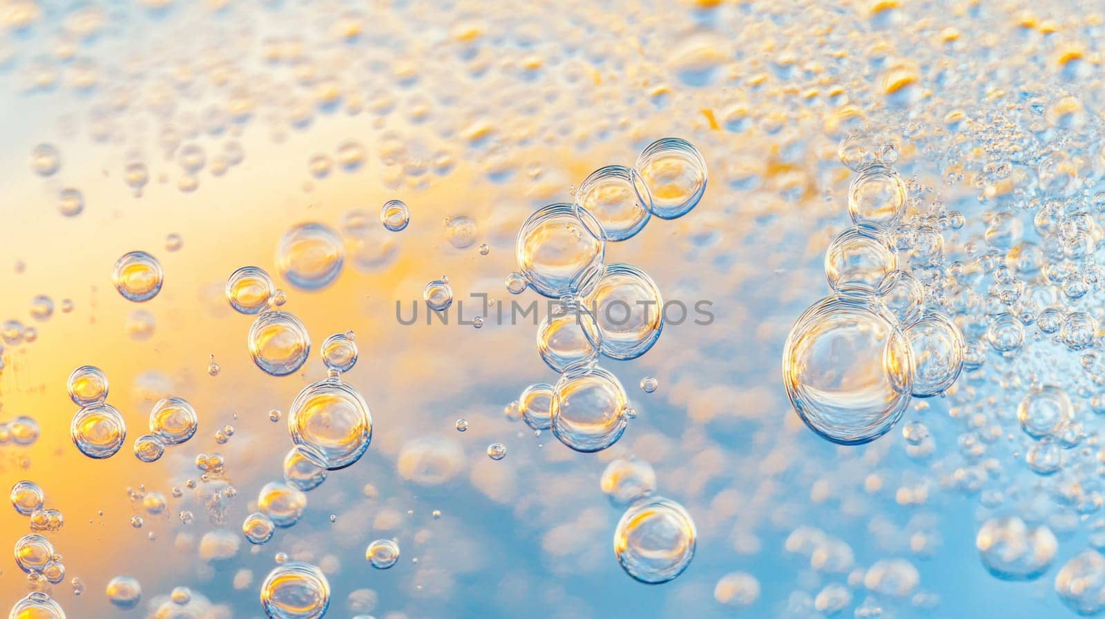 Multiple transparent bubbles of various sizes floating on a colorful gradient surface, creating a visually appealing abstract image