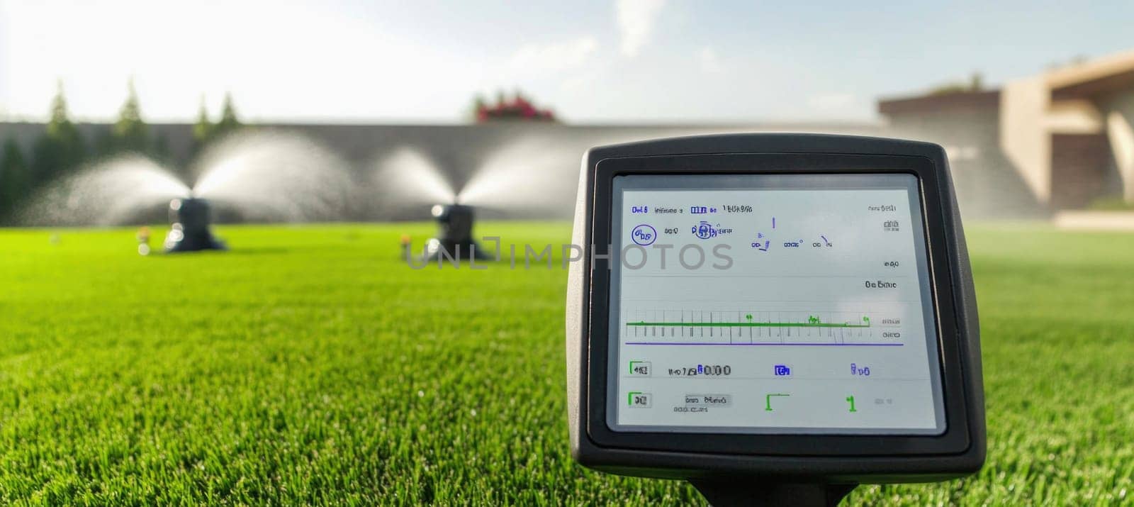 Smart garden activated sprinkler irrigation system watering grass controlled by a digital portable device on a green lawn