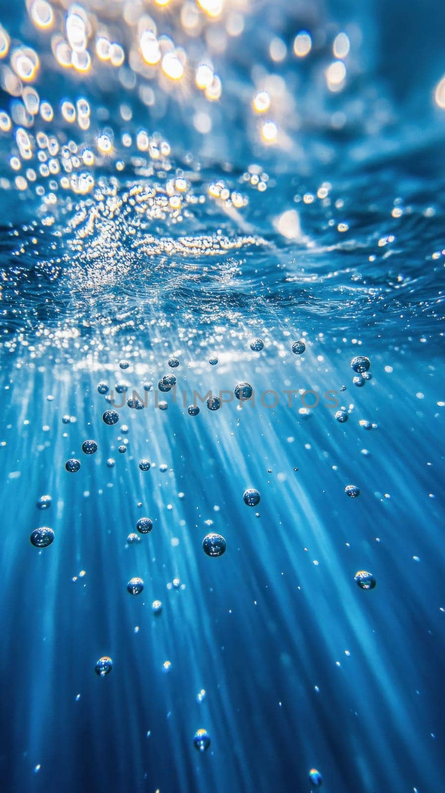 Beams of sunlight shining through crystal clear ocean water and creating beautiful light rays and air bubbles