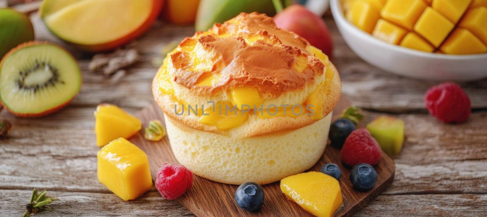 Enjoying a freshly baked mango souffle decorated with pieces of mango, raspberries, and blueberries, sitting on a wooden board alongside other fruits