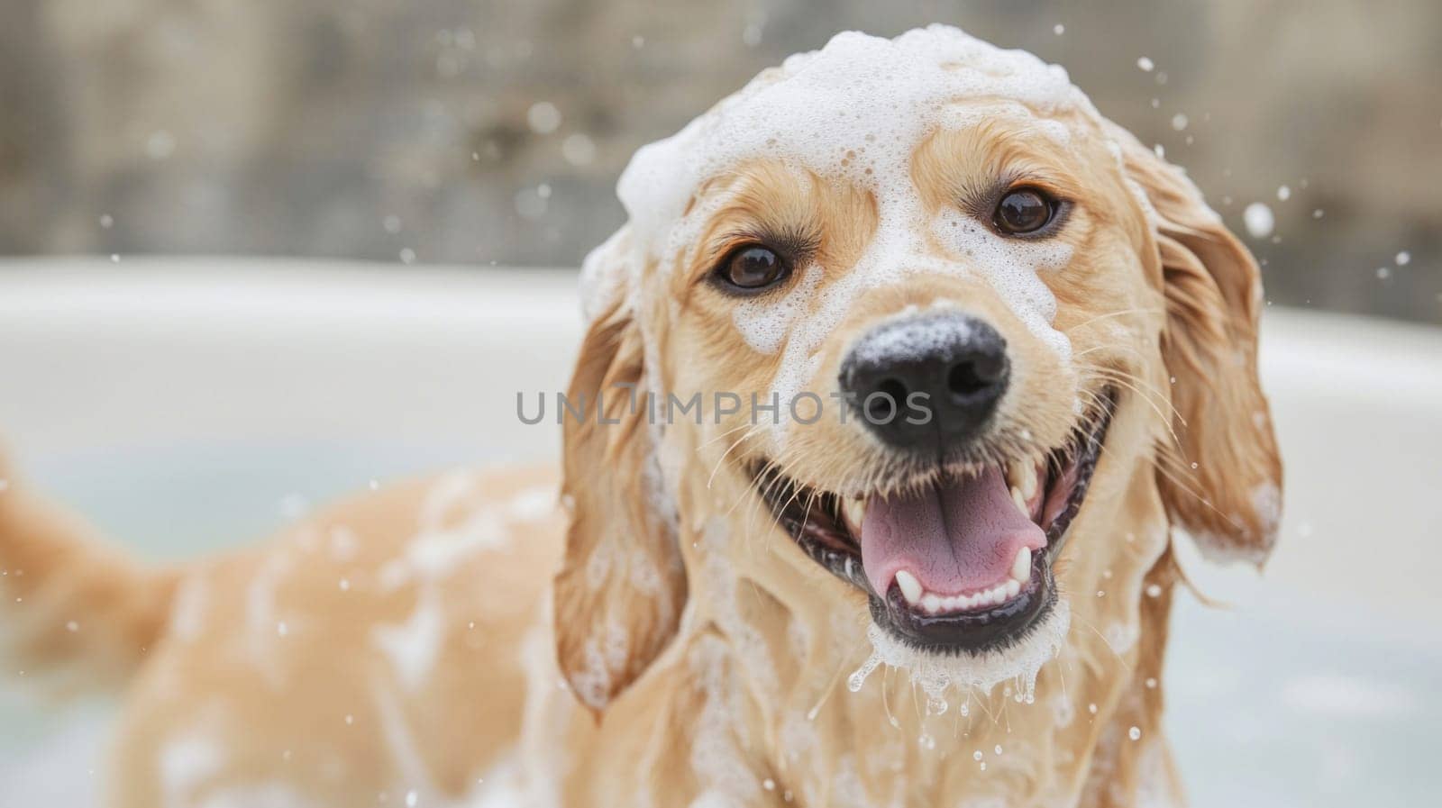Happy golden retriever taking a bath and covered in soap suds