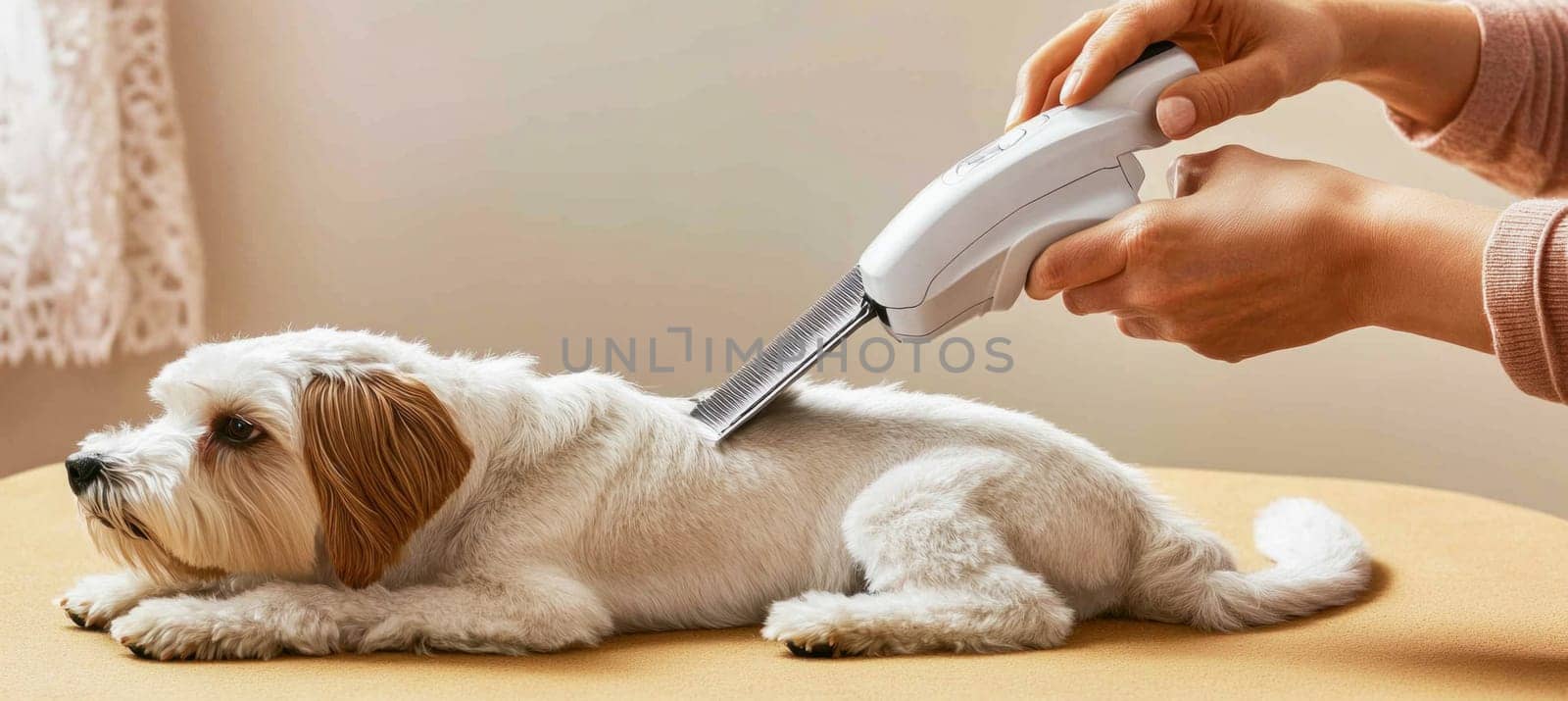 Woman is removing ticks from small white dog using electronic tick remover device