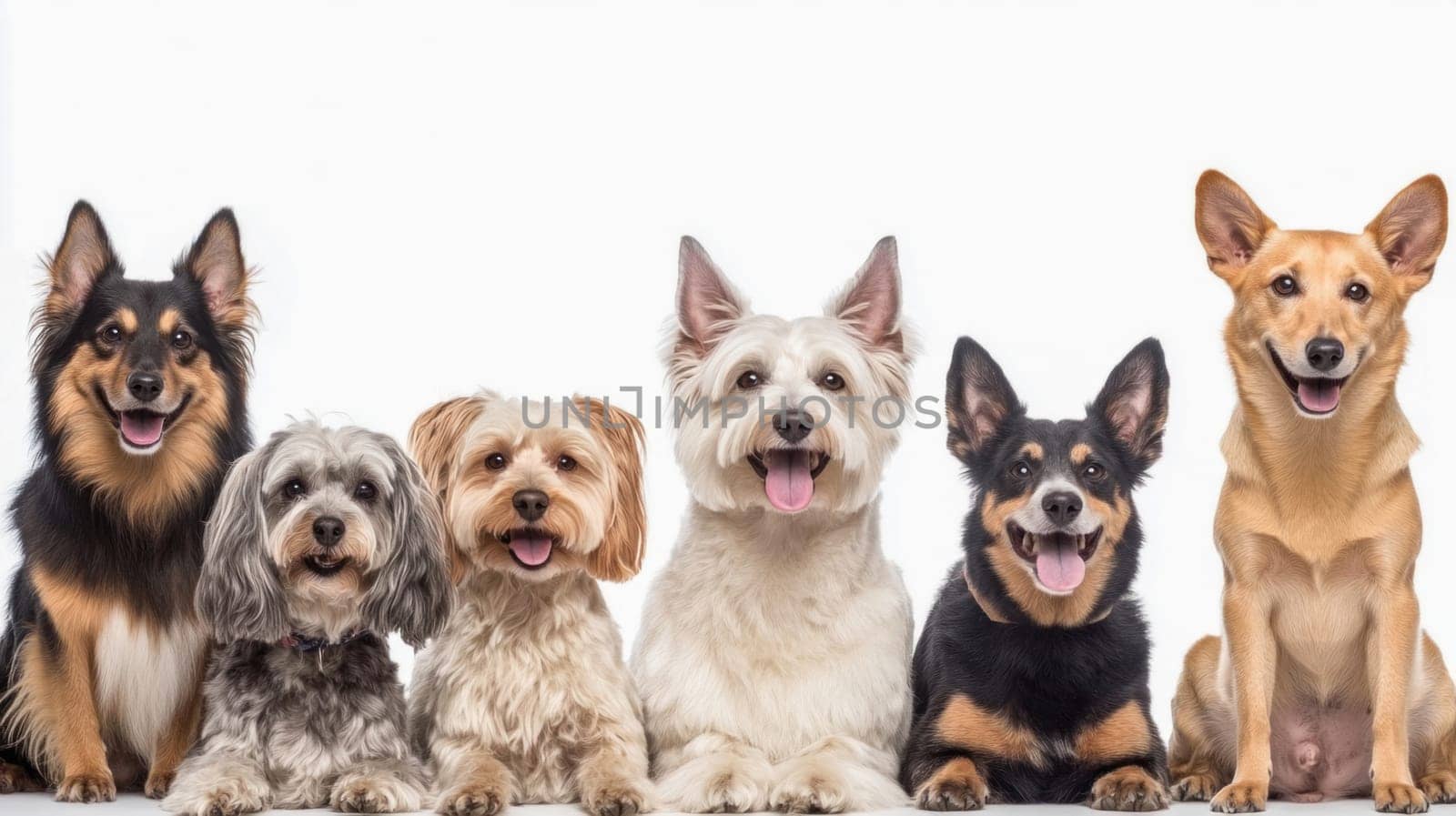 Six happy dogs of different breeds are sitting and lying down, posing on a seamless white background