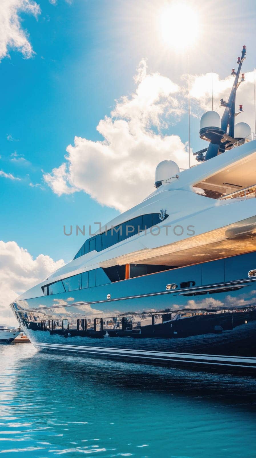 Modern luxury motor yacht moored in harbor reflecting clouds and sun in its dark blue hull