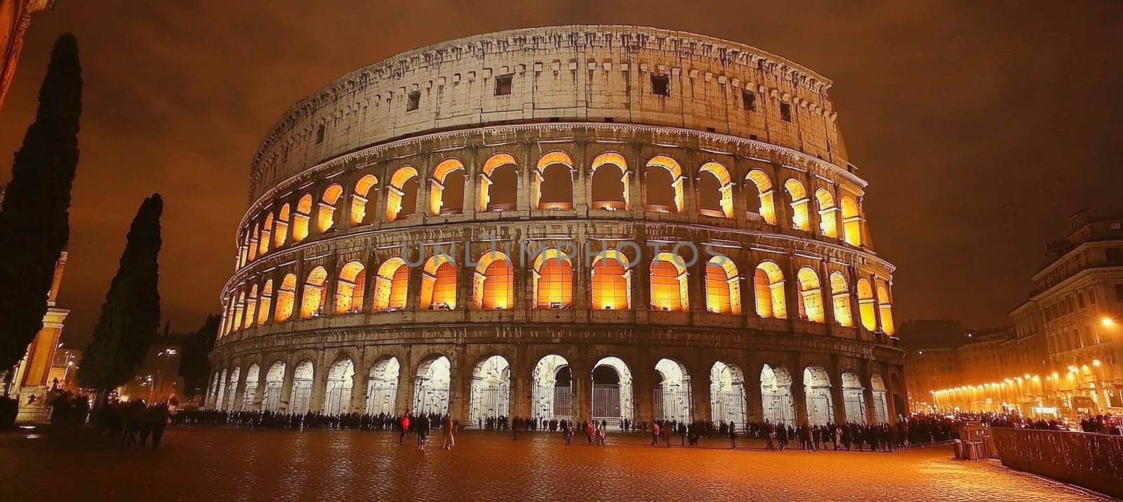 Tourists walking around the illuminated colosseum in rome, italy, at night