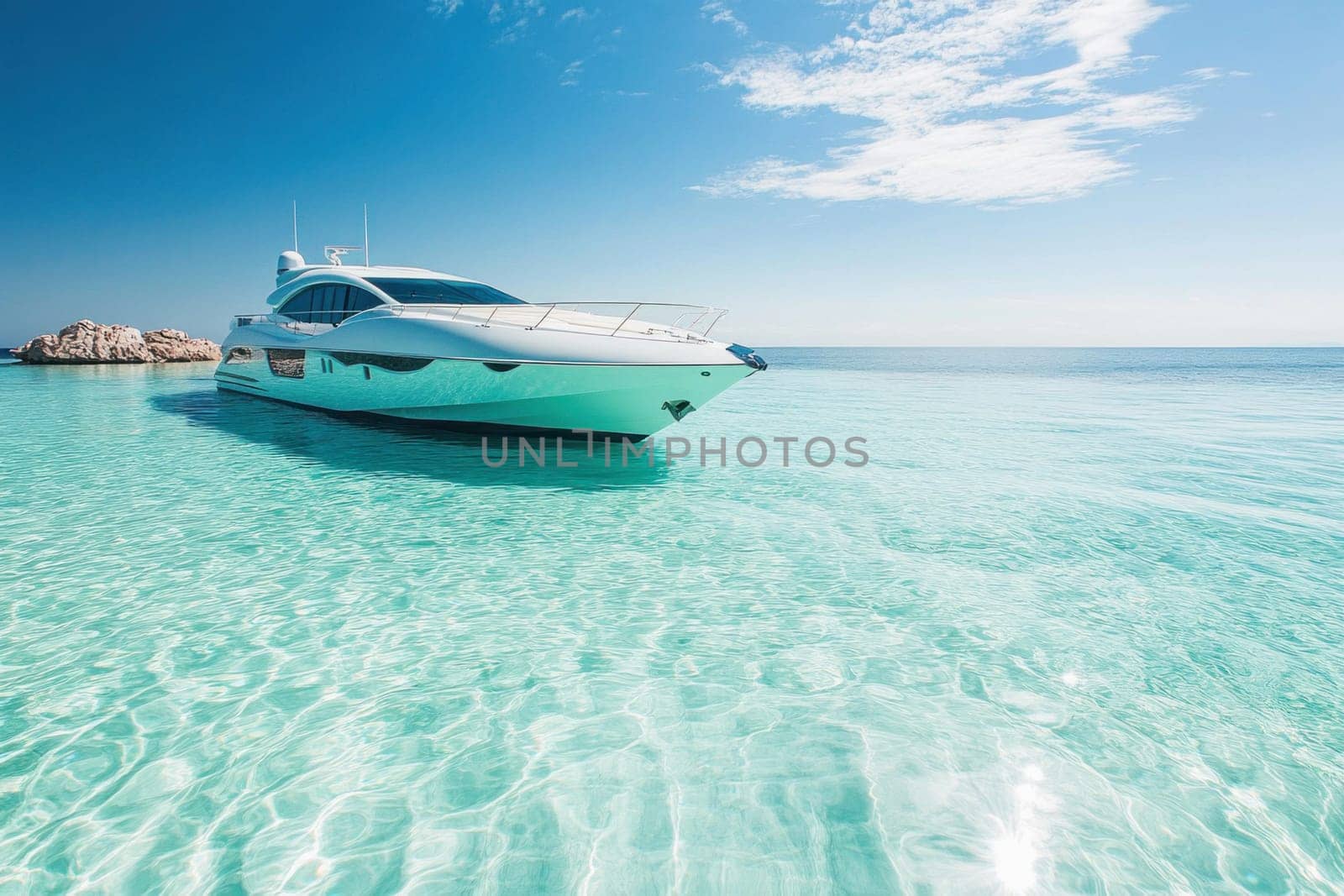 White motor yacht is floating near the shore on a beautiful transparent turquoise water