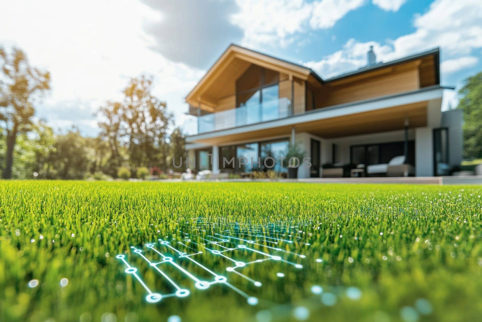 Futuristic smart home automation system managing lawn irrigation and garden maintenance, ensuring optimal plant health and water efficiency
