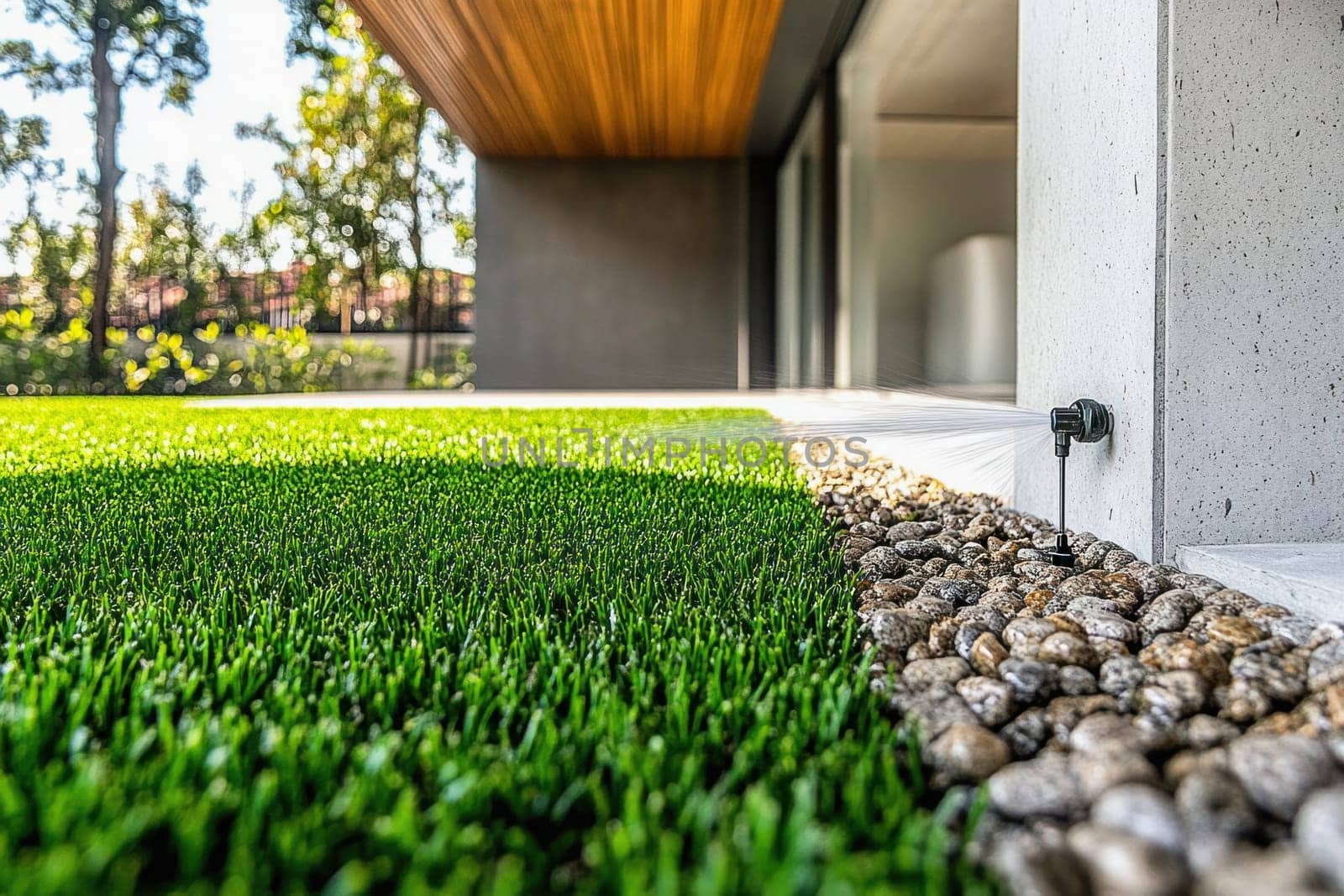 Maintaining lush artificial turf with efficient automatic sprinklers, ensuring a vibrant and low maintenance outdoor space