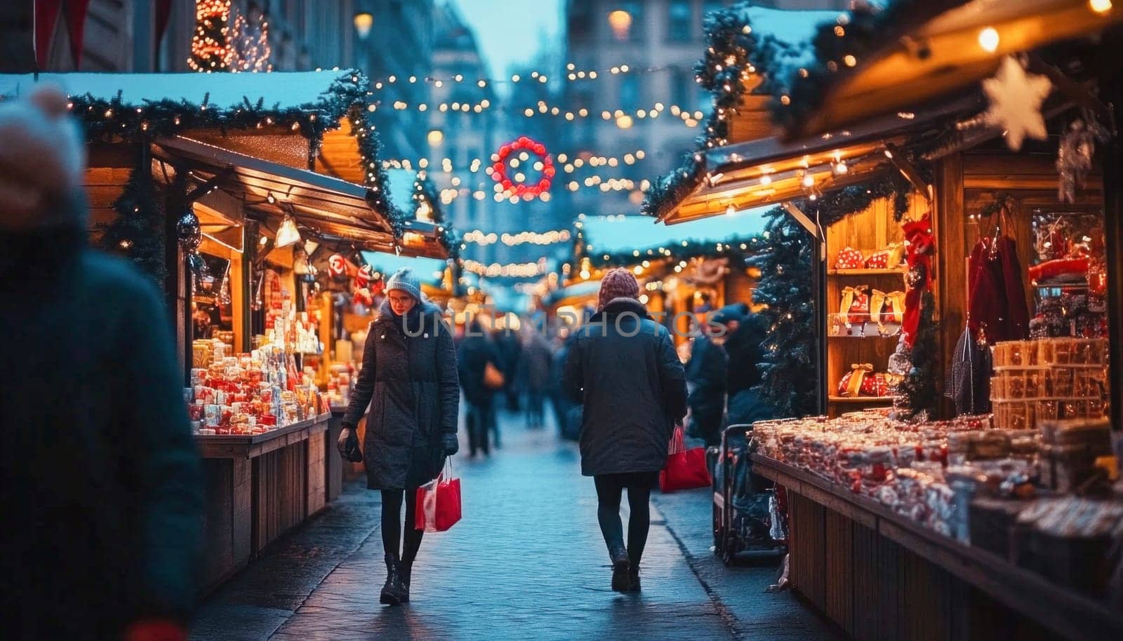 Shoppers walking through illuminated christmas market at dusk, enjoying festive atmosphere and buying gifts