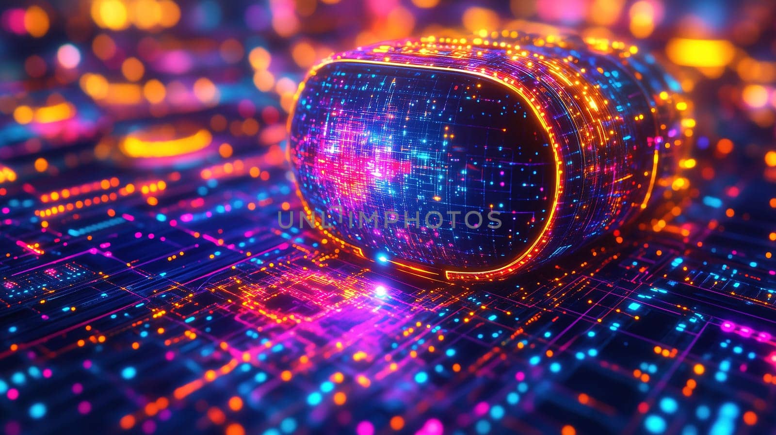 A futuristic headset rests on a glowing digital landscape filled with vibrant colors and sparkling data points. The scene captures the essence of advanced technology and digital innovation.