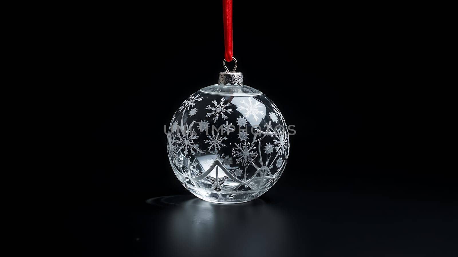 A clear glass ornament with snowflakes on it. The ornament is hanging from a red ribbon