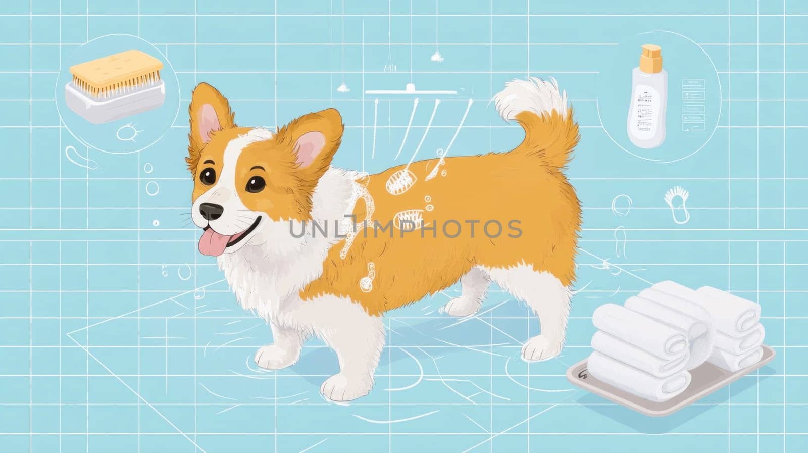 Happy corgi dog taking a shower in bathroom, enjoying grooming procedure with soap, brush and towels