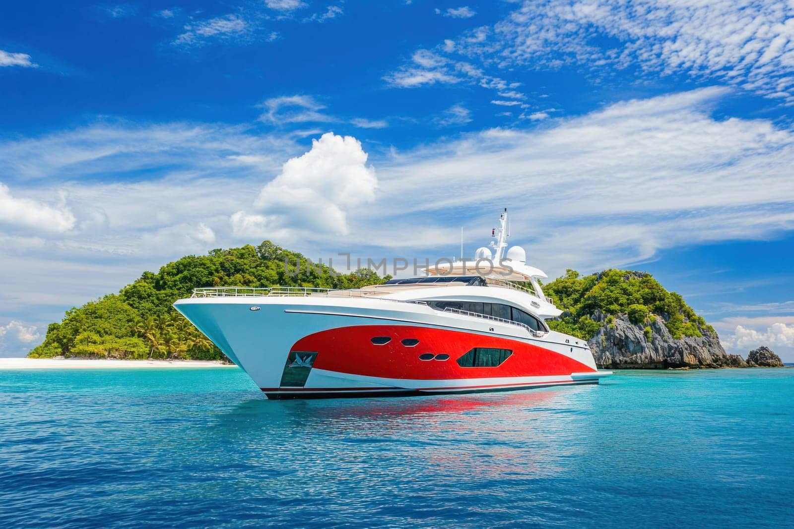 Modern luxury yacht sailing near a beautiful tropical island with turquoise water and white sand beaches